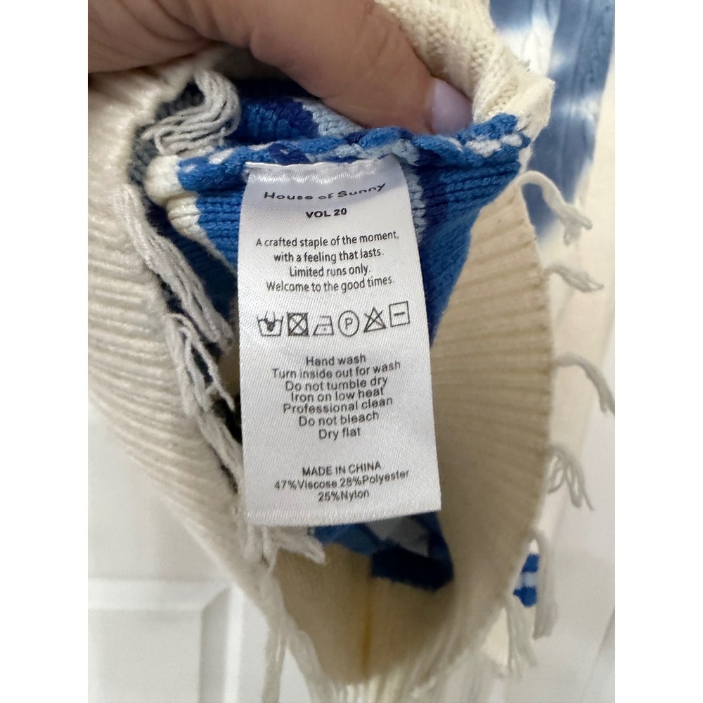 House of Sunny Varsity Cable Knit Sweater Blue Cream Distressed V-Neck XS - Picture 9 of 9